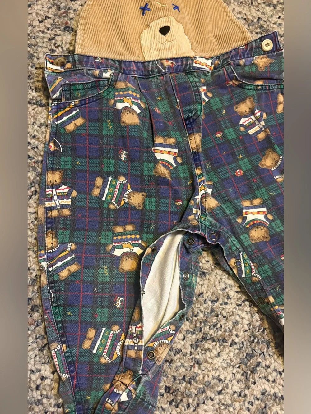 Vintage 90s Little Me Teddy Bear Plaid Overalls 24 Months Corduroy Bib